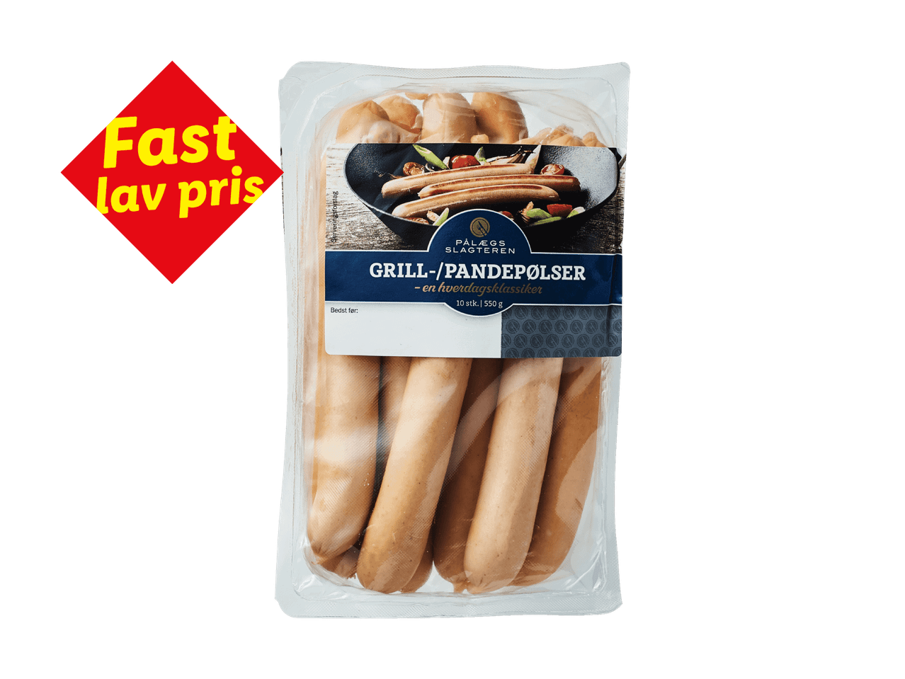 Pakke med grill-/pandepølser med teksten 'Fast lav pris' og '10 stk. | 550 g'.