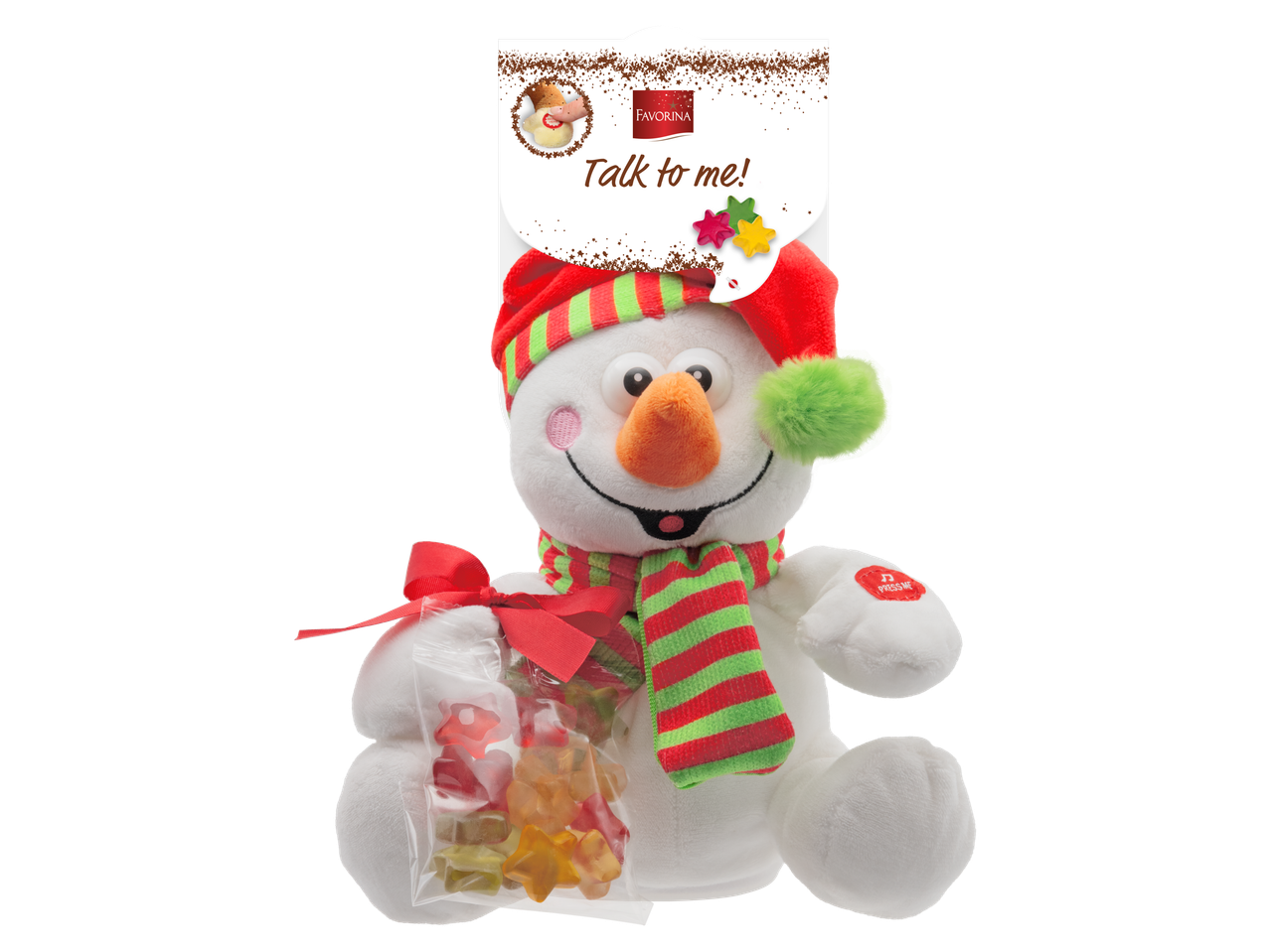 Favorina rääkiv lumememme plüüsist mänguasi kummikommidega