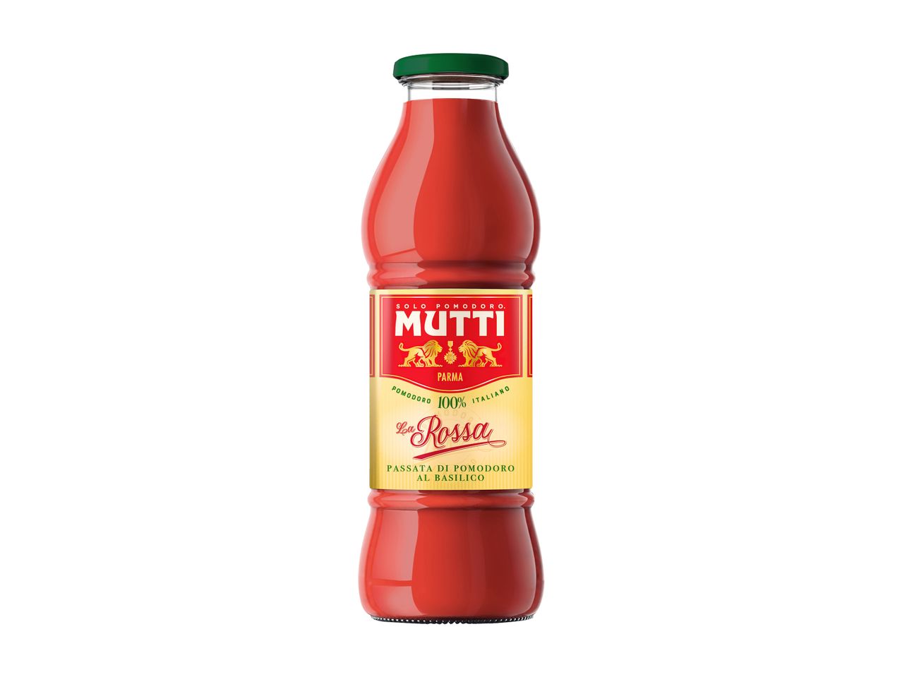 Bottiglia di passata di pomodoro Mutti La Rossa al basilico.