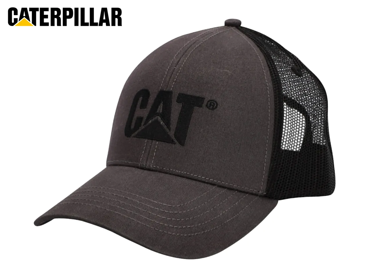 Dark grey trucker cap with a black mesh back and a black embroidered logo on the front.