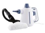 White and blue handheld steam cleaner with a black hose and white cleaning pad.
