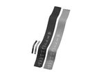Two resistance bands, one black and one grey, with exercise illustrations and product information.