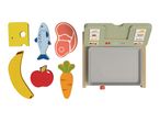 Play food scale with wooden cheese, fish, meat, banana, apple, and carrot.