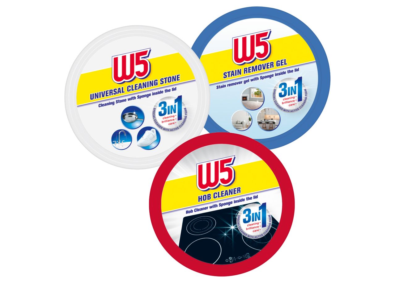 W5 cleaning products: universal cleaning stone, stain remover gel, and hob cleaner.