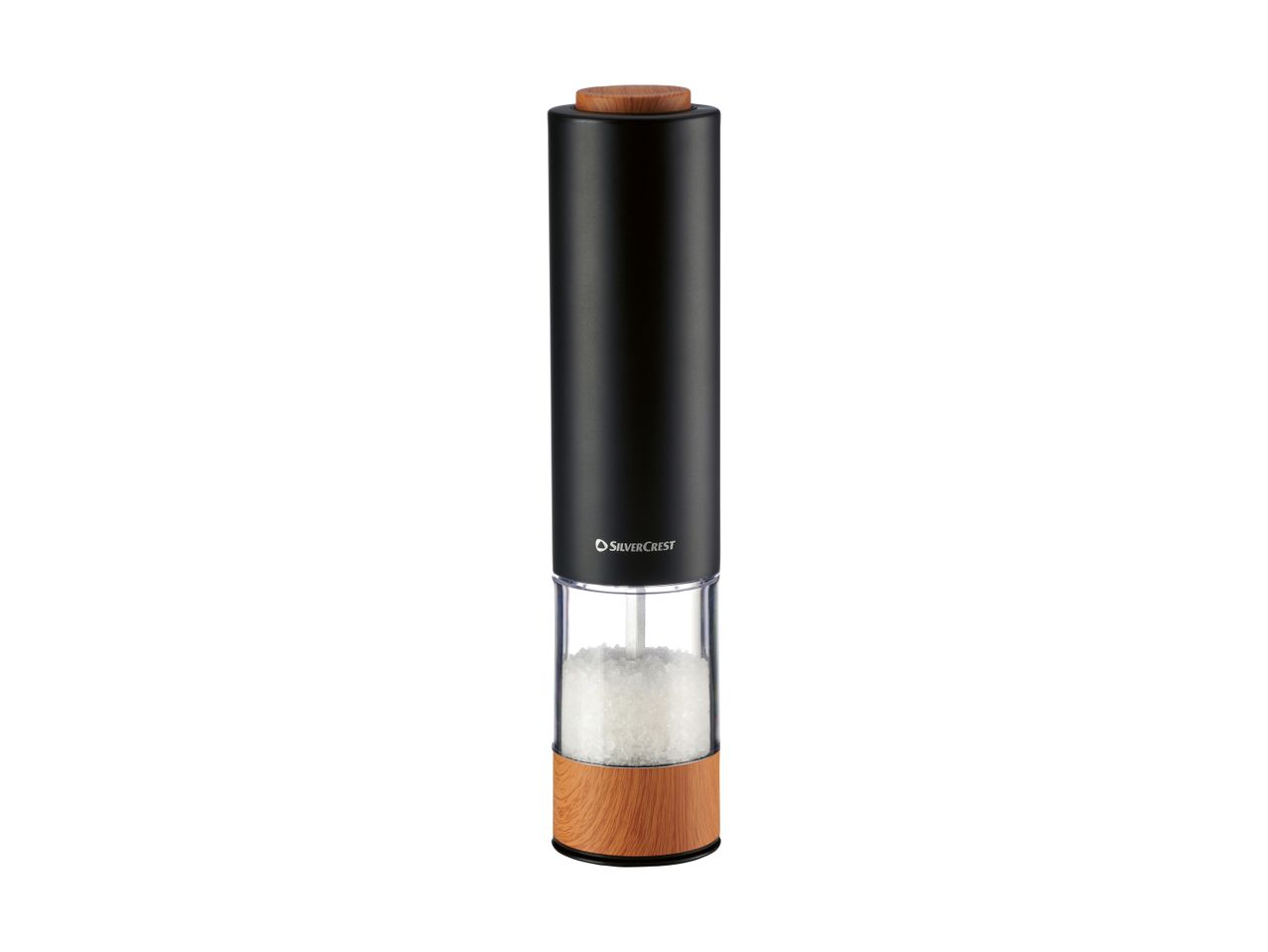 Black electric salt or pepper grinder with a wooden top and base, filled with white salt crystals.