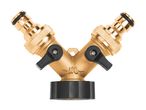 Brass Y-shaped garden hose splitter with two shut-off valves.