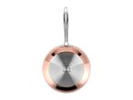 Underside of a copper-colored frying pan with a silver induction base and stainless steel handle