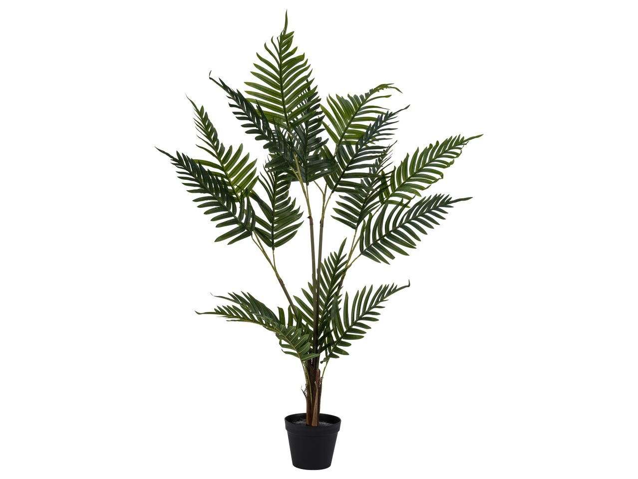 A tall artificial palm plant with dark green leaves in a black pot.