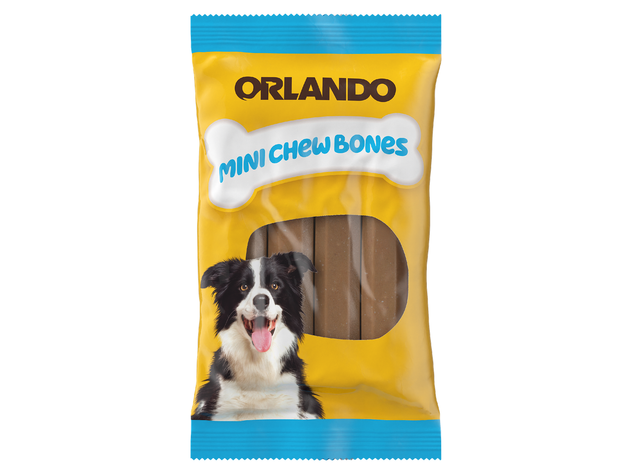 Опаковка с лакомства за кучета с надпис „Mini Chew Bones“ и изображение на куче.
