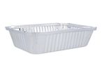 Rectangular aluminum foil container for food storage or baking.