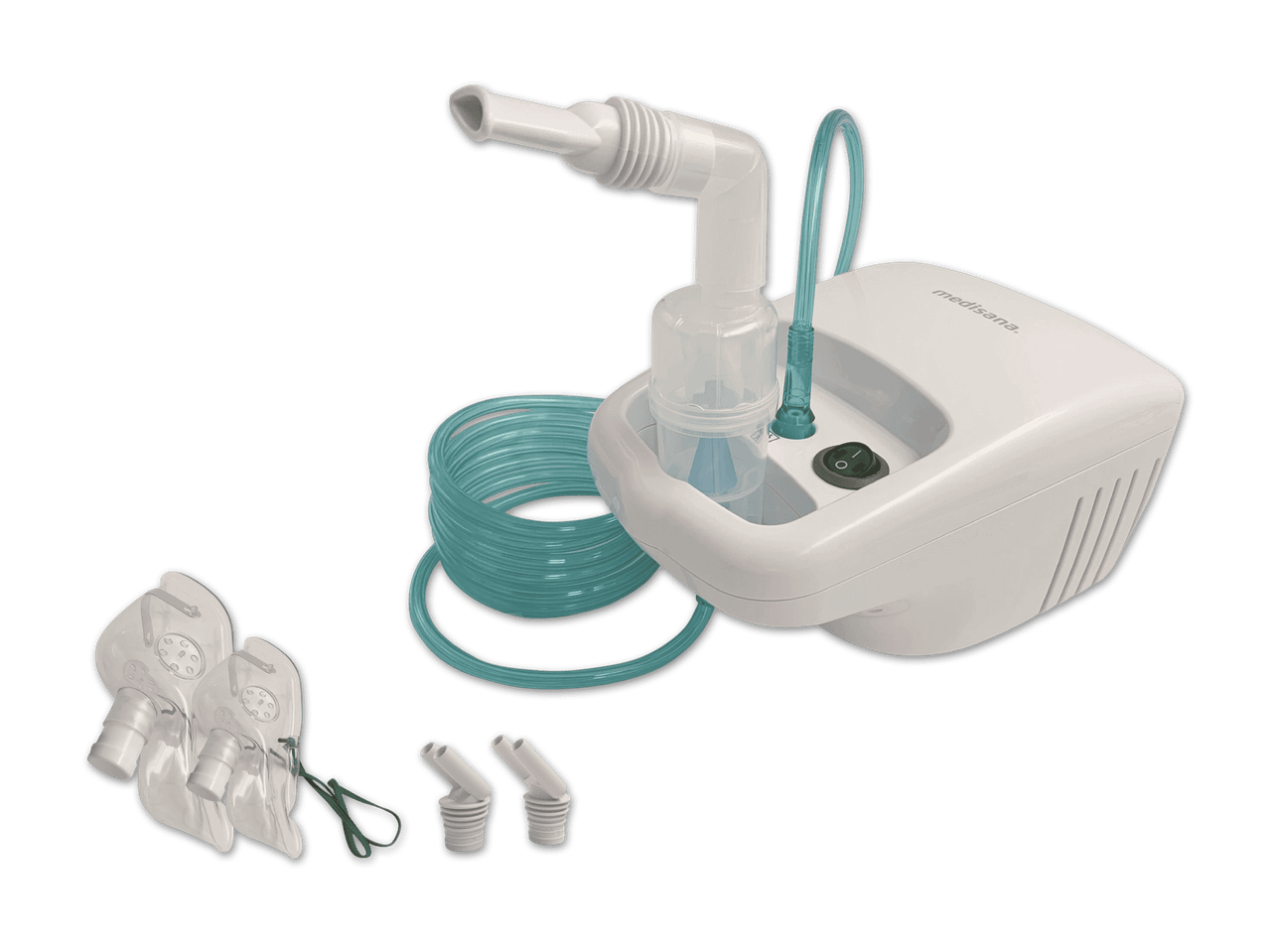 Ein Medisana Inhalator mit Zubehör wie Masken und Schläuchen auf schwarzem Hintergrund.