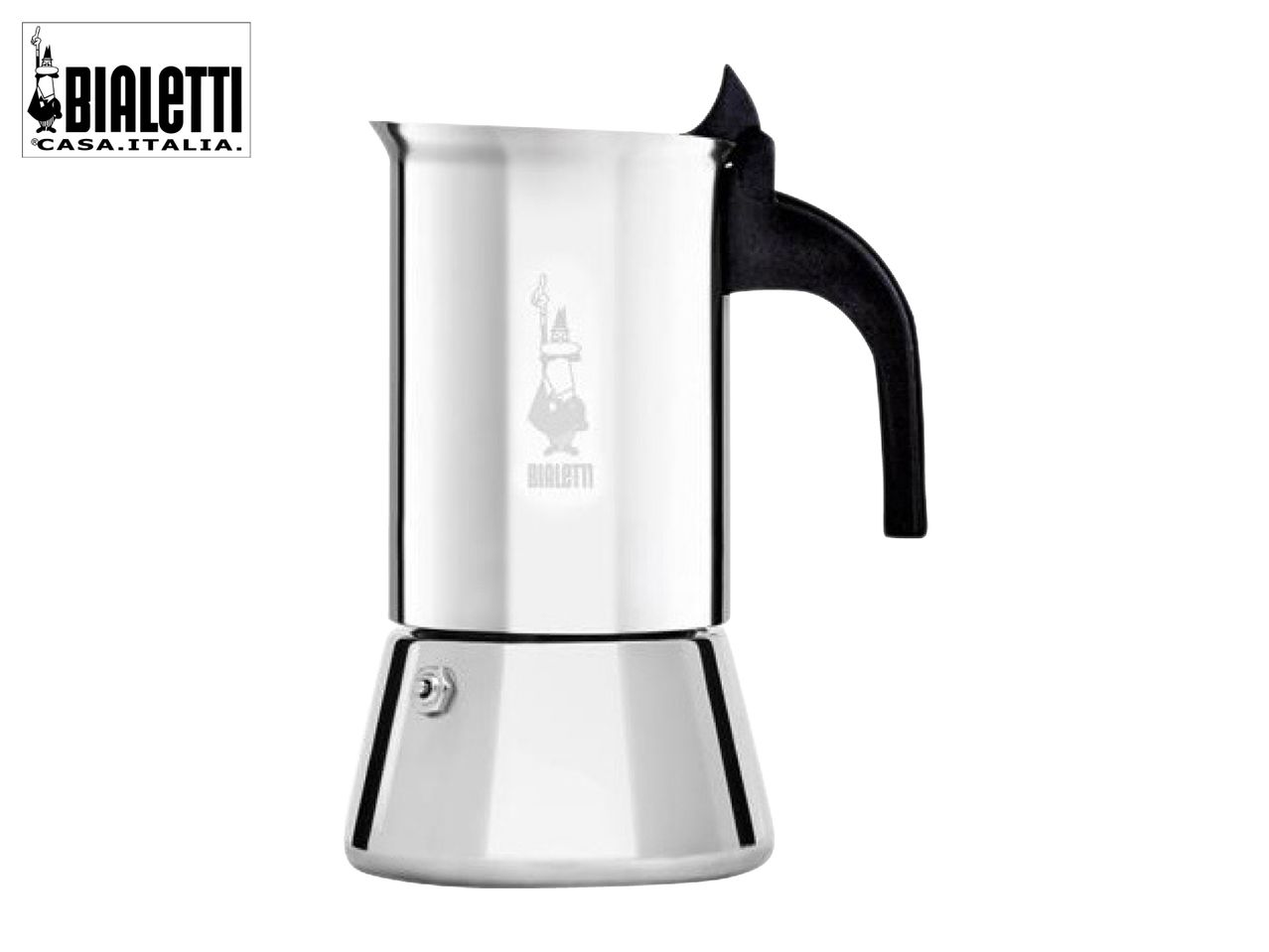 A shiny silver stovetop espresso maker with a black handle, featuring a small logo.