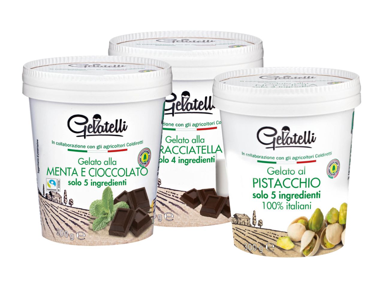 Tre vaschette di gelato Gelatelli ai gusti menta e cioccolato, stracciatella, o pistacchio.