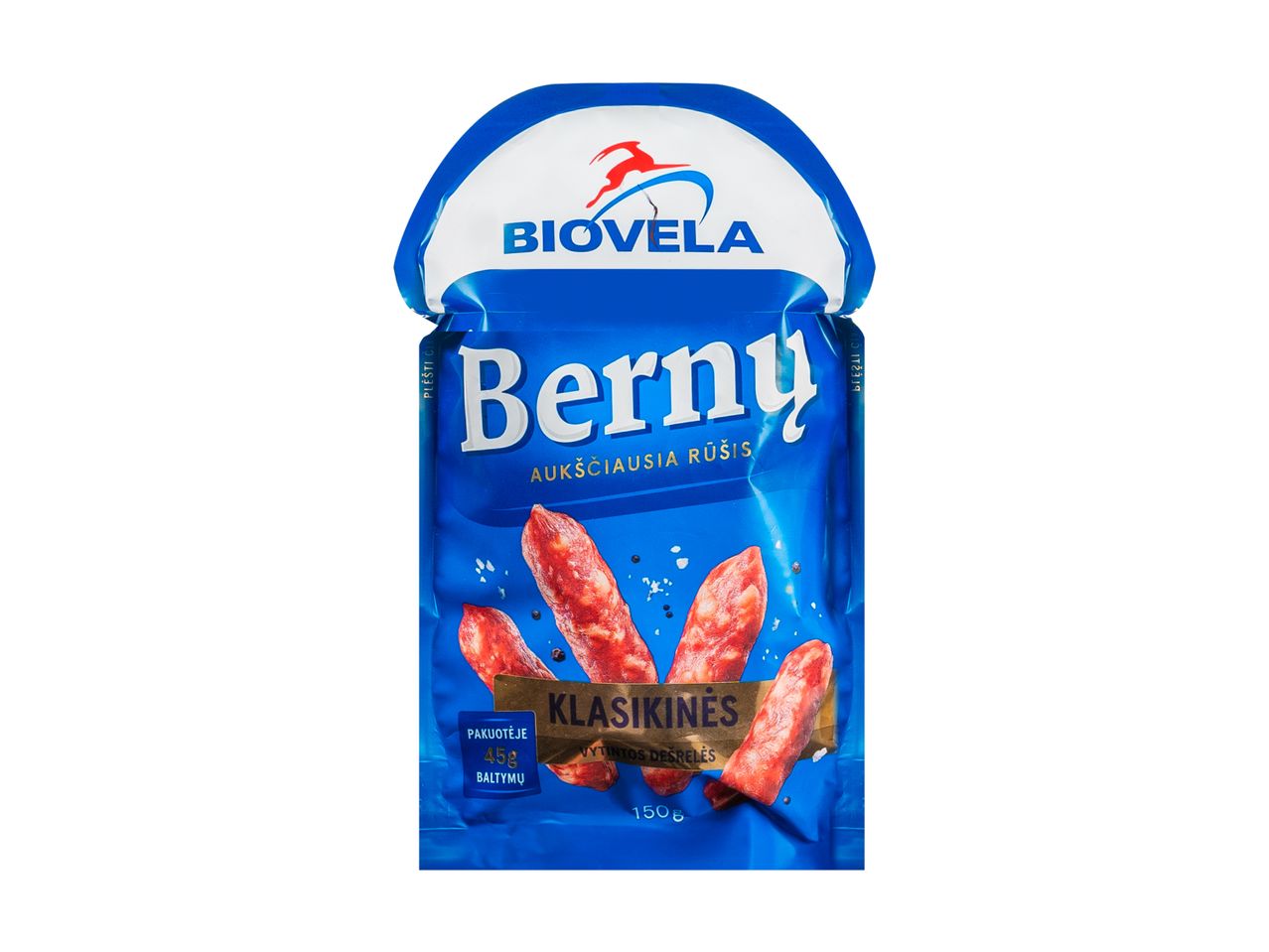 Mėlynas „Biovela Berny“ dešrelių pakelis su užrašu „Klasikinės“ ir „150g“.