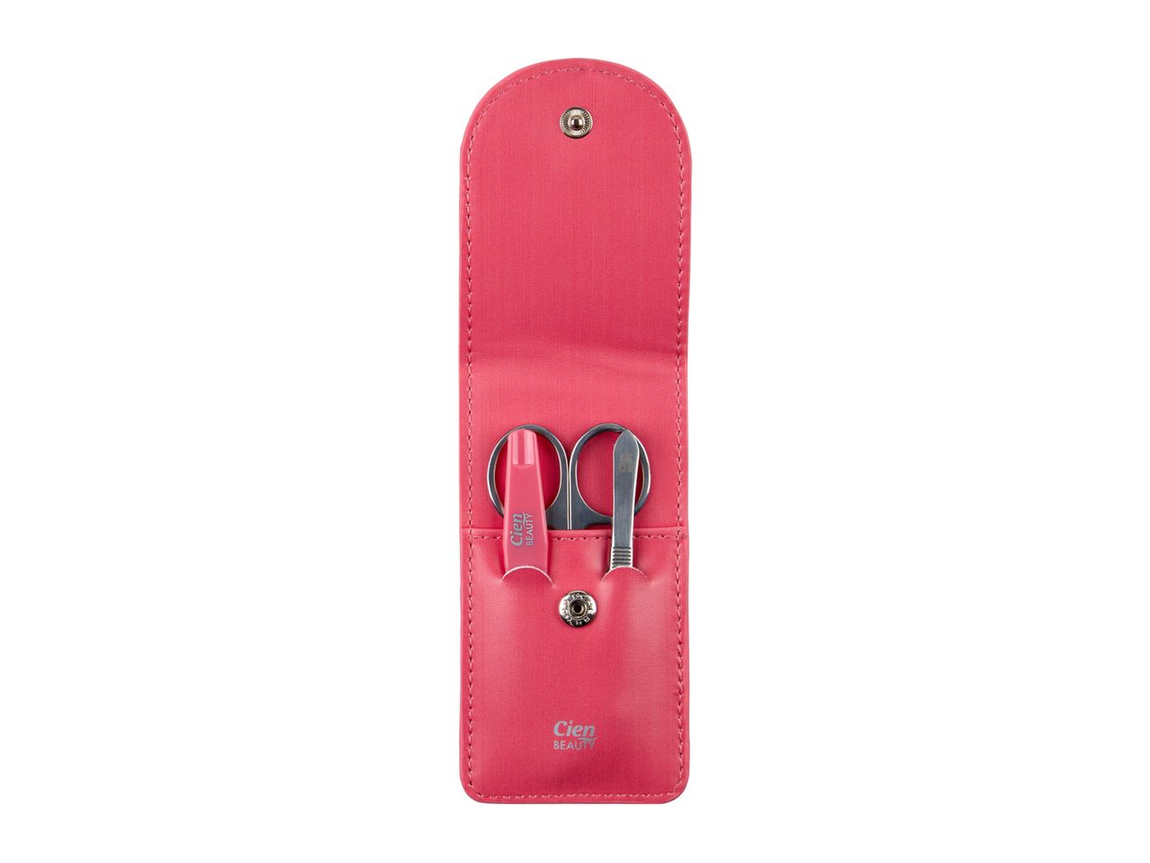 Pink leatherette manicure set with nail clippers and tweezers.