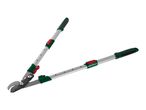 Adjustable bypass loppers with green and black handles and red locking mechanisms