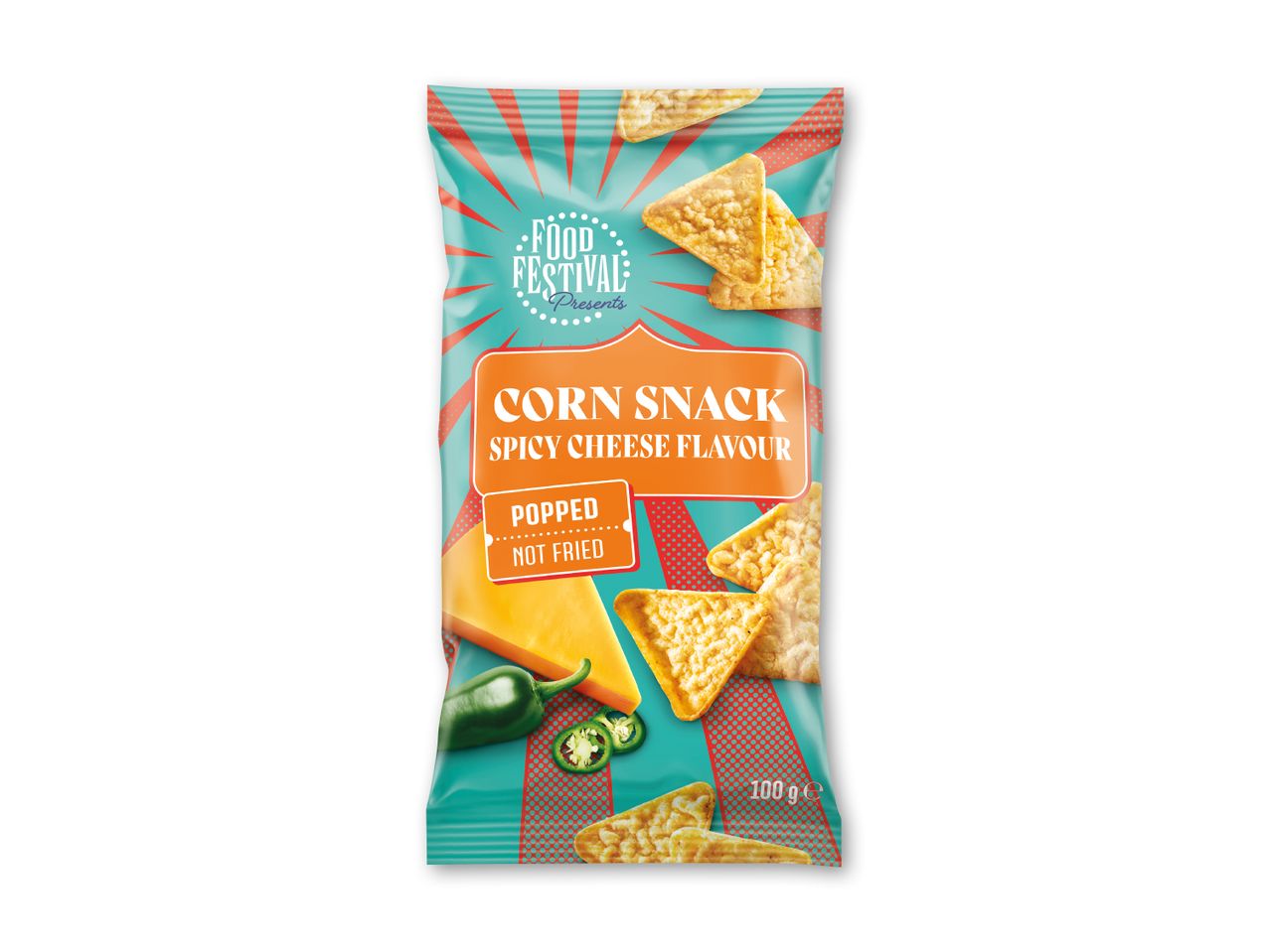 Pose med majssnacks med krydret ostesmag, poppet og ikke friturestegt.