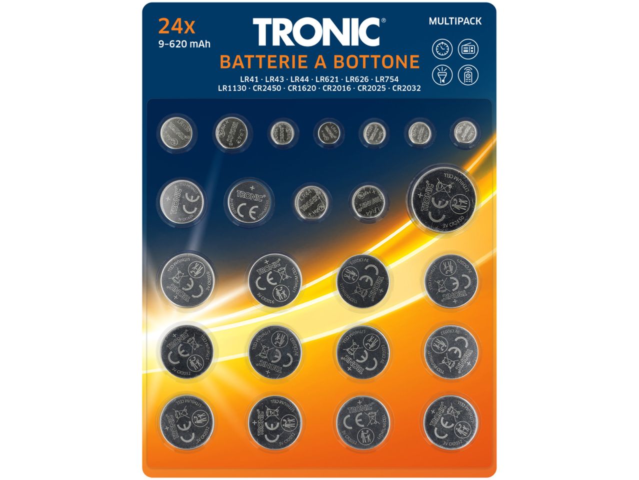 Tronic multipack of 24 button cell batteries, including various LR and CR types.