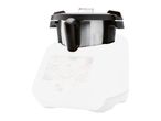 A white kitchen appliance with a stainless steel mixing bowl and black handles.