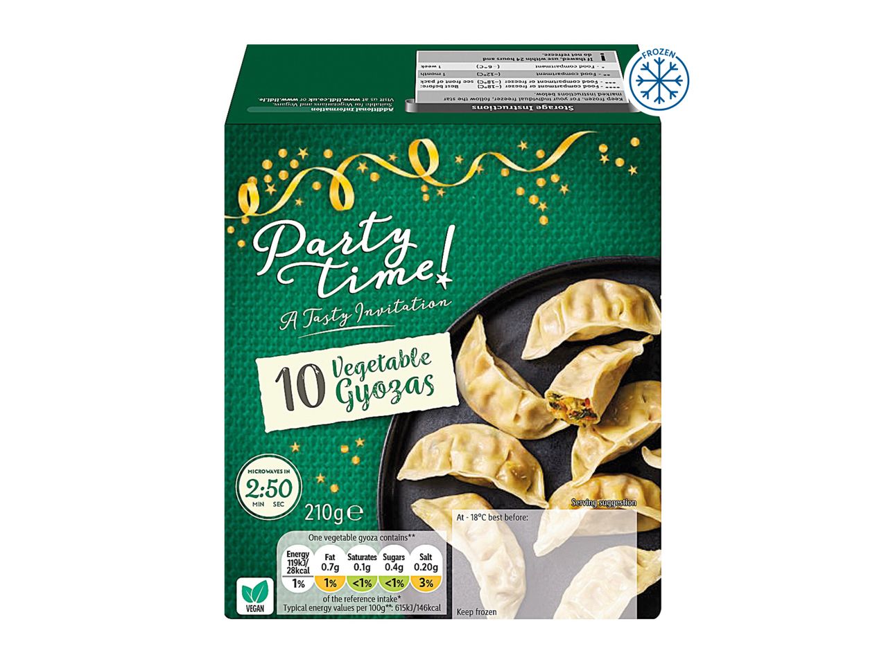 Party Time! 10 Vegetable Gyozas, frozen, with nutritional information and cooking instructions.