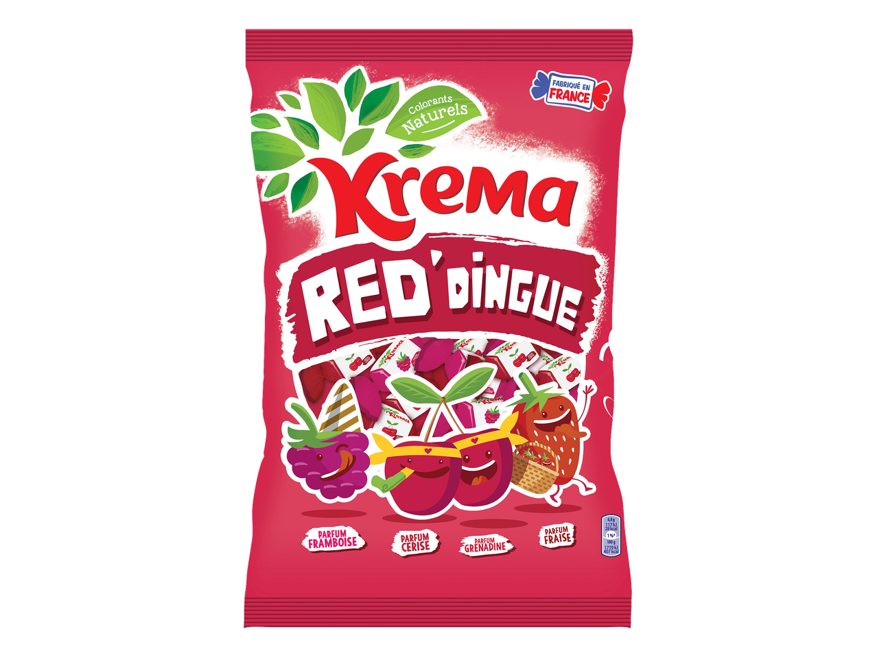 Sachet de bonbons rouges aux fruits rouges, avec des personnages de framboise, cerise et fraise.