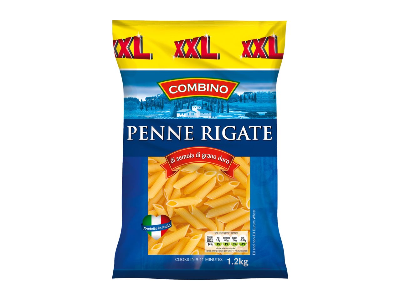 Combino Penne Rigate pasta, 1.2kg bag, with Italian landscape and nutritional info.