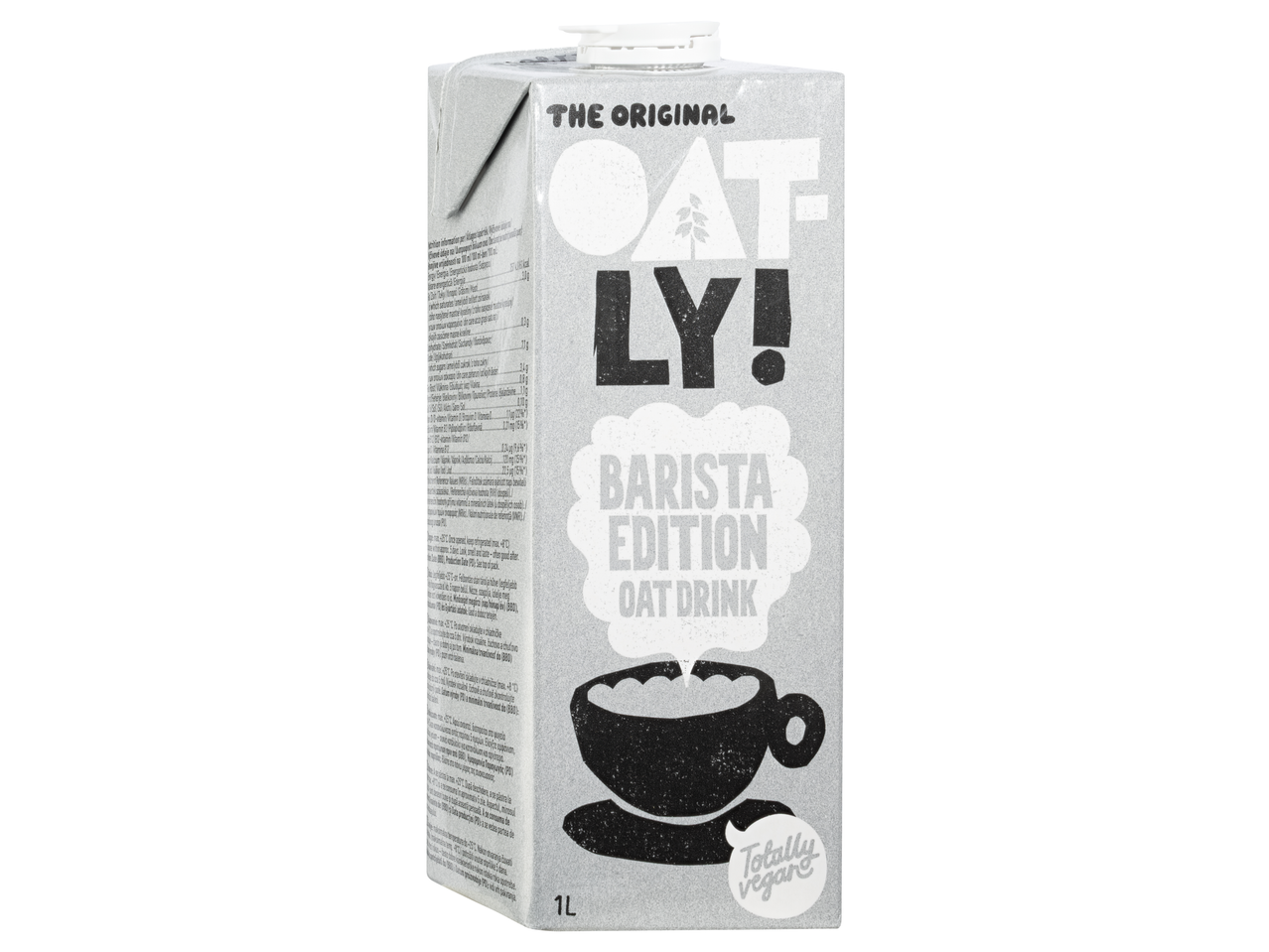 Oatly Barista Edition zabital karton tápérték információkkal és „Totally Vegan” címkével.
