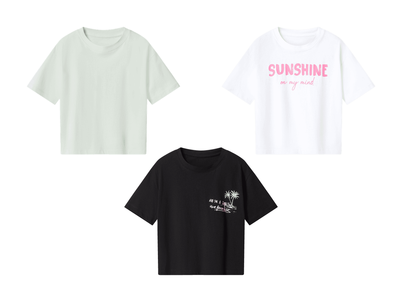 Trois t-shirts : un vert clair uni, un blanc avec 'SUNSHINE on my mind' et un noir avec des palmiers et 'HERE FOR A Good Time wave paradise'.