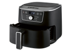Black air fryer with a digital display showing 170 degrees Celsius and various cooking modes.