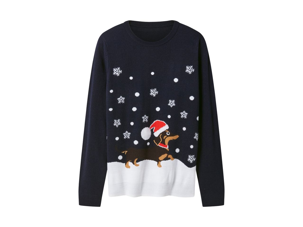 Dark blue Christmas jumper with a dachshund wearing a Santa hat, snowflakes, and snow.