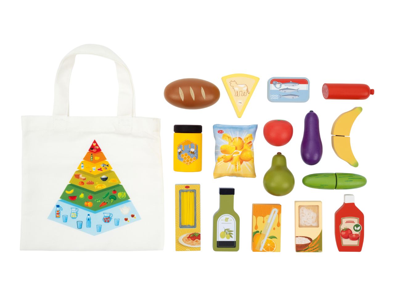 A white tote bag with a food pyramid design and various wooden toy food items like bread, cheese, fruits, and vegetables.