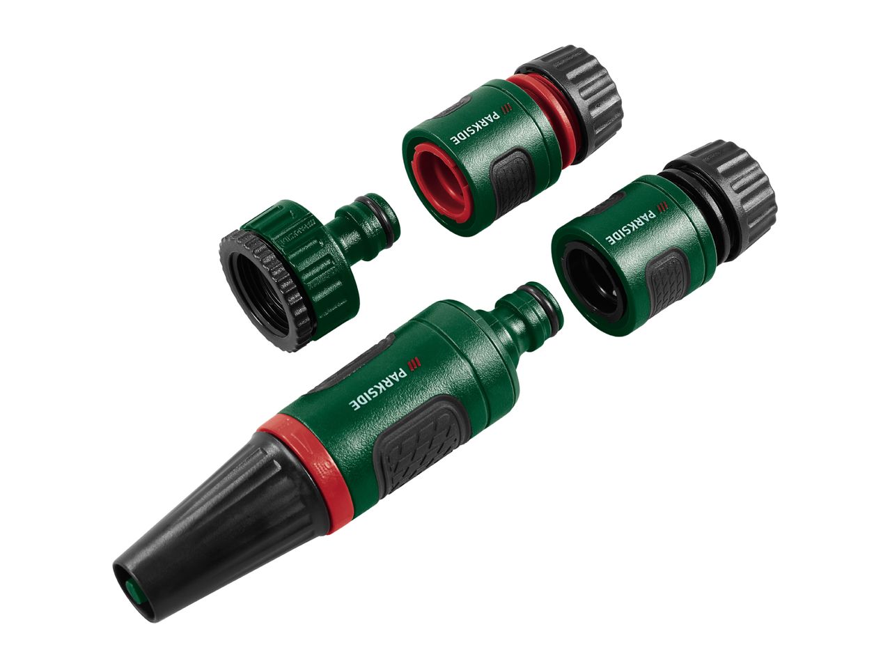 Green garden hose spray nozzle and connectors with red accents, arranged diagonally.