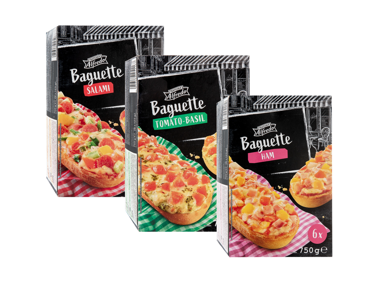 Tri pakiranja Alfredo Baguettea: salama, rajčica-bosiljak i šunka.