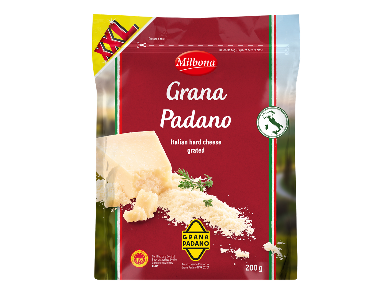 Sachet de fromage à pâte dure italien râpé Grana Padano, 200 g.