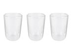 Three clear double-walled glasses on a white background.