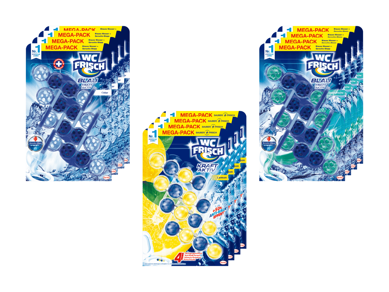 Multipacks von WC Frisch WC-Steinen in verschiedenen Varianten: Blau, Zitrone und Ozean.