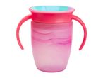 Pink baby training cup with handles and a turquoise rim