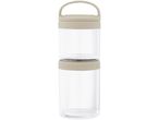 A stackable, clear plastic container set with beige lids and a handle.