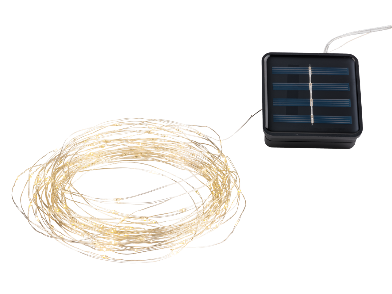 LIVARNO LED-Solar-Lichterkette mit warmweißen Lichtern und Solarpanel.