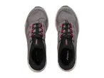 Pair of grey and red athletic shoes with black laces and white soles, viewed from above.