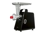 Black meat grinder with a silver tray and a red meat extrusion, featuring power and reverse buttons.