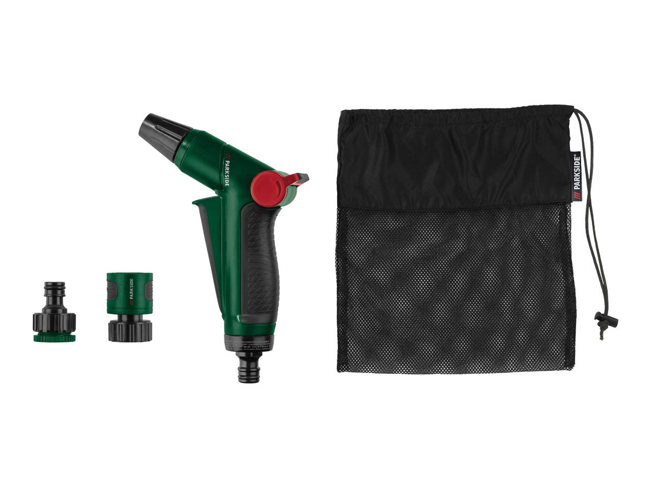 Green garden spray gun with two hose connectors and a black mesh storage bag.