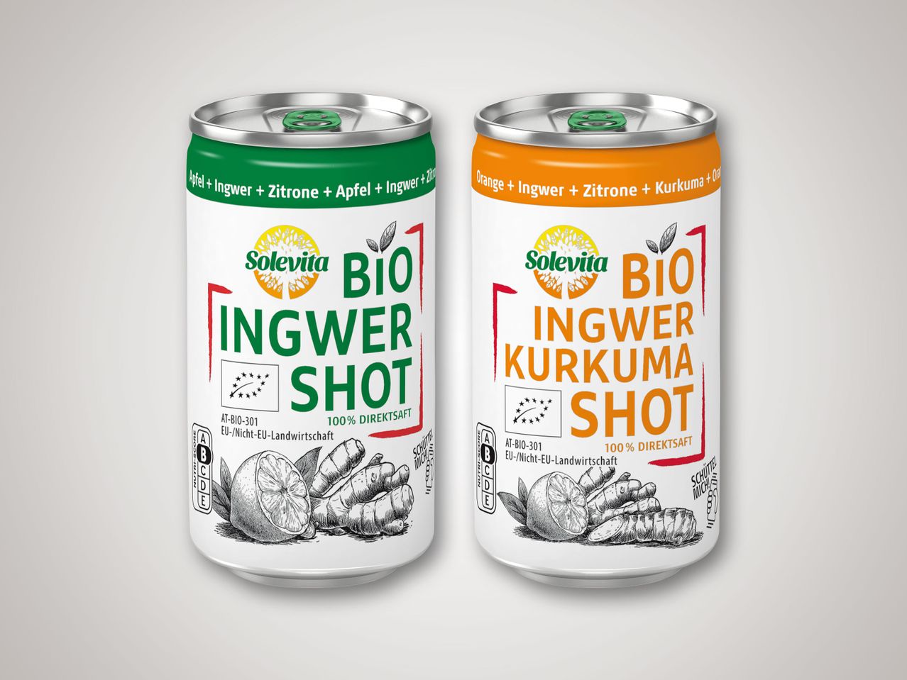 Solevita Bio Ingwer Shot Getränke: Ingwer, Kurkuma, Orange und Apfel.