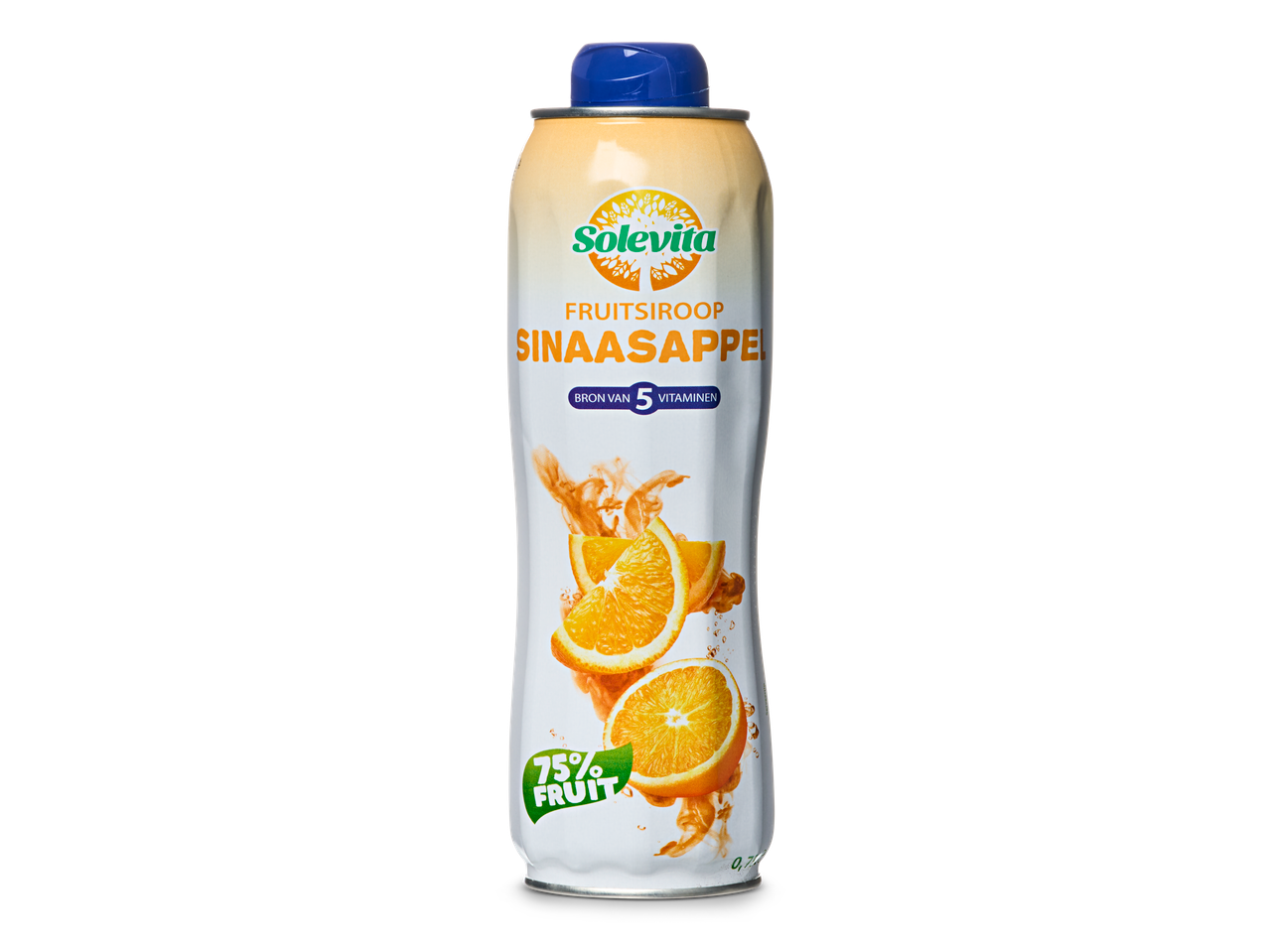 Solevita sinaasappelsiroop met 75% fruit en 5 vitaminen.