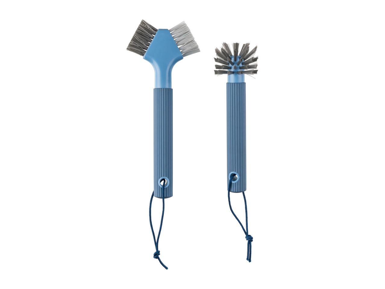 A set of two cleaning brushes with different bristle types on long handles.