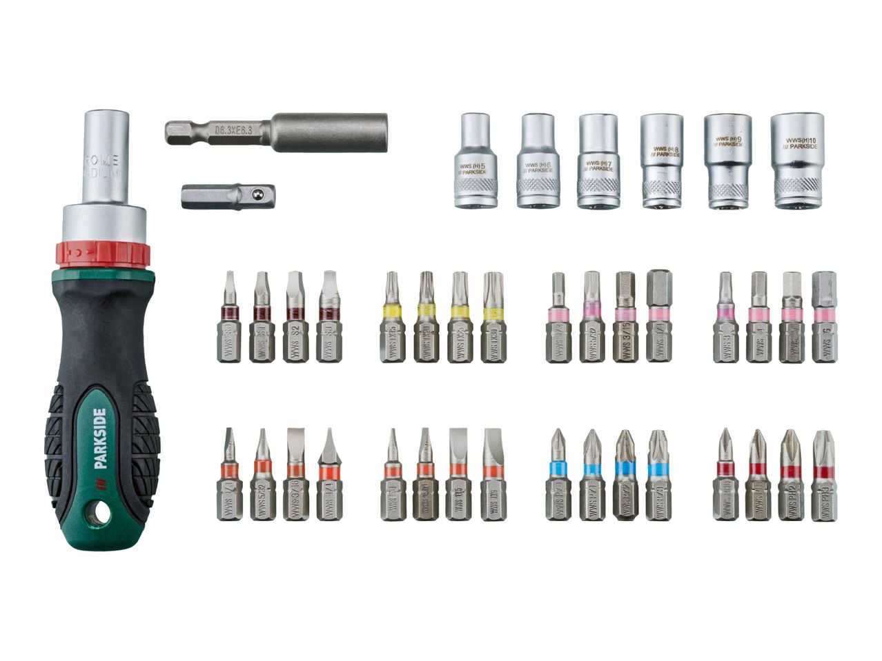 Screwdriver set with various bits, sockets, and adapters for different applications.