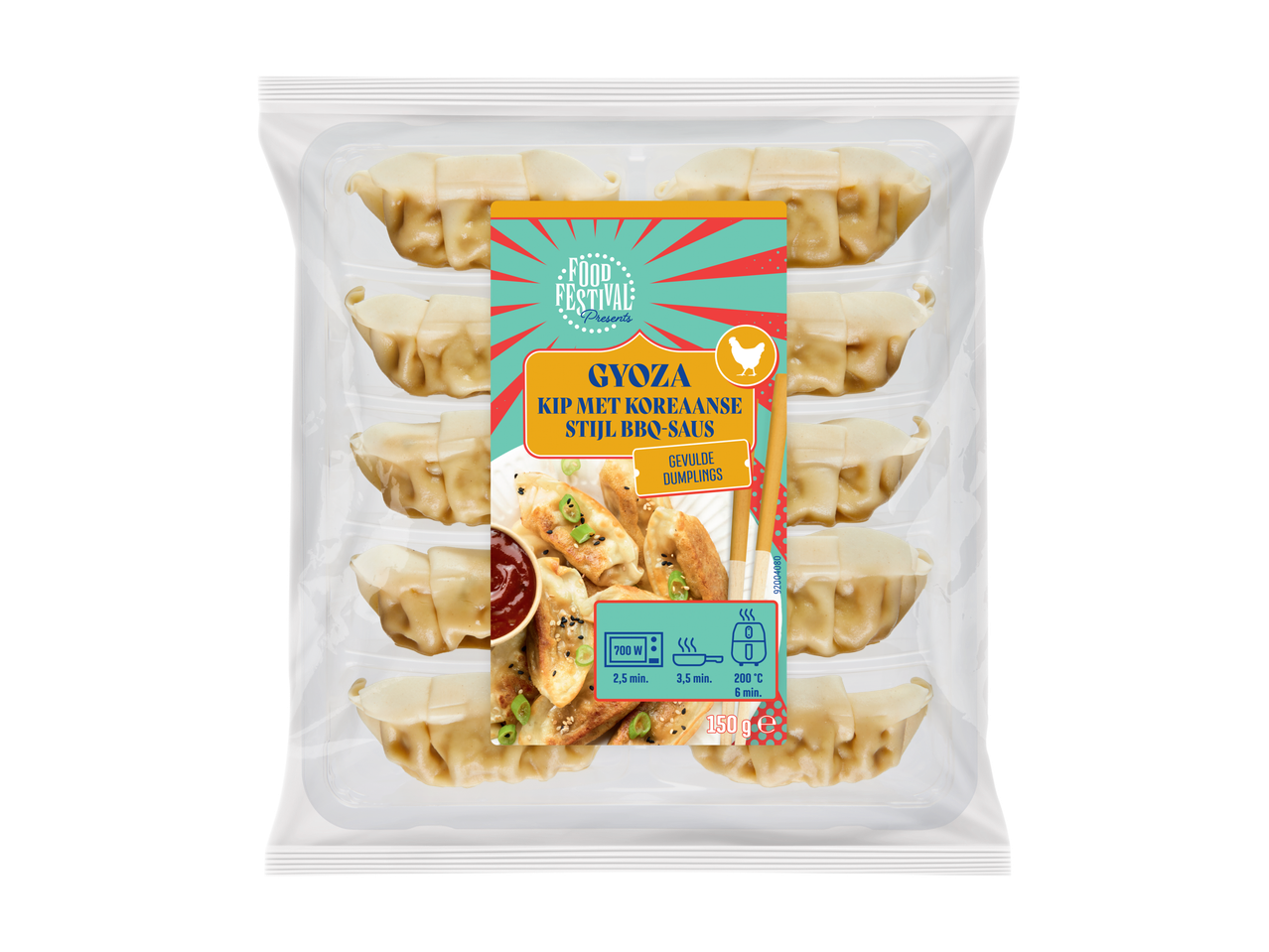 Gyoza kip dumplings met Koreaanse stijl BBQ-saus, 150g, met bereidingsinstructies.