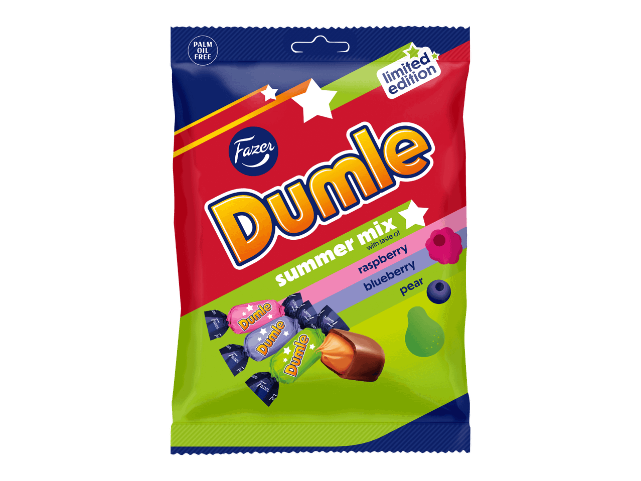 Dumle-kesäsekoituspussi, jossa on vadelman, mustikan ja päärynän makuisia toffeita.
