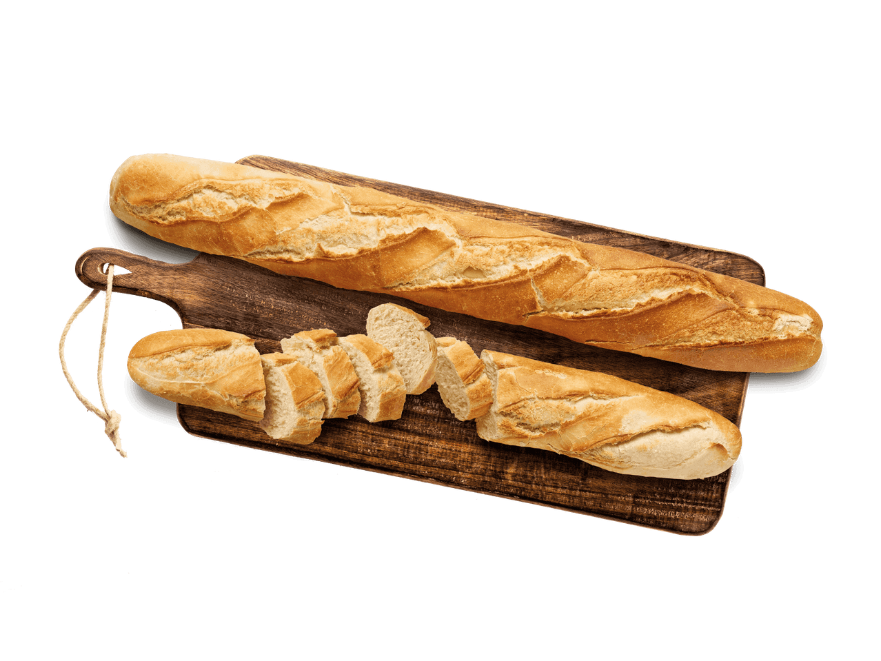 Zwei Baguettes auf einem Holzbrett, eines davon in Scheiben geschnitten.