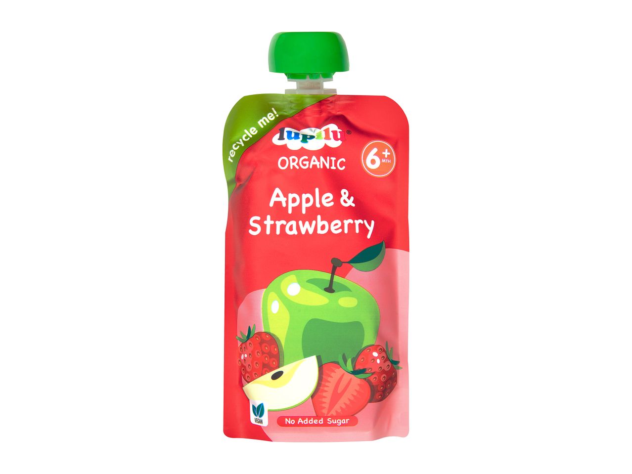 A pouch of Ella's Kitchen Apple & Strawberry baby food.